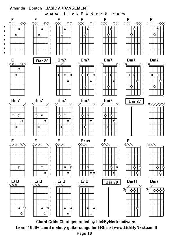 Chord Grids Chart of chord melody fingerstyle guitar song-Amanda - Boston - BASIC ARRANGEMENT,generated by LickByNeck software.